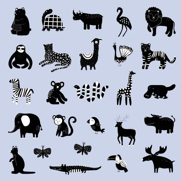 Velká Sbírka Ručně Kreslenými Zvířaty Silueta Roztomilé Děti Styl Šablony — Stockový vektor