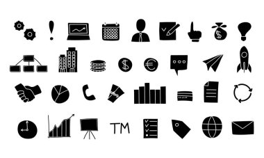 İş simgeleri silueti. Mobil kavramlar ve web uygulamaları için yüksek kaliteli siyah logo koleksiyonu. Temel değerler düz moda olarak belirlendi. Beyaz arkaplanda vektör illüstrasyonu