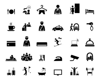 Otel ikonlarının büyük bir koleksiyonu. Web tasarımı için yüksek kaliteli resimler. Düz vektör illüstrasyonu