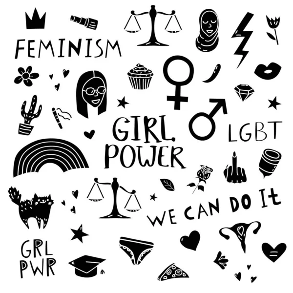 Groot Eenvoudig Feminisme Met Protestsymbolen Tekst Vector Zwarte Pictogrammen Voor — Stockvector