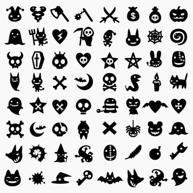 Web ve mobil için basit Cadılar Bayramı vektör simgeleri. Siyah renkli siluet canavarlar ve parti grubu.