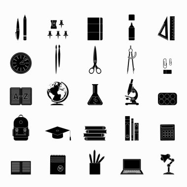 Bir sürü eğitim ve okul ikonu. Web tasarımı için yüksek kaliteli resimler. Düz vektör illüstrasyonu