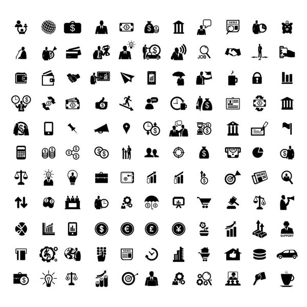 Большая коллекция силуэтов бизнес-икон. Коллекция высококачественного черного логотипа для мобильных концепций и веб-приложений. Основные ценности, установленные в тривиальном плоском стиле. Векторная иллюстрация на белом фоне