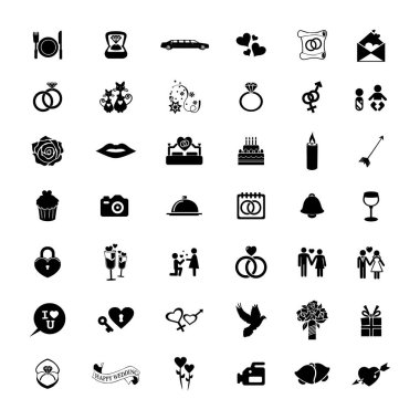 Büyük bir düğün ve aşk ikonları koleksiyonu. Web tasarımı için yüksek kaliteli resimler. Düz vektör illüstrasyonu