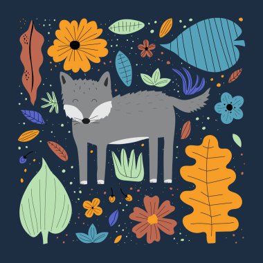 Şirin kurt eli düz vektör çizimi. Mavi arka planda yaprakları ve çiçekleri olan sevimli orman hayvanı. Yaratıcı çocuksu t-shirt baskısı tasarımı