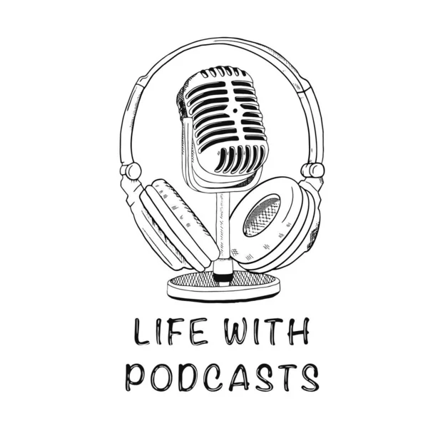 Kulaklıklı bir mikrofon ve podcastlı bir hayat. Bloglar ve video blogları için internet kartı. Canlı yayın. Siyah el çizimi.