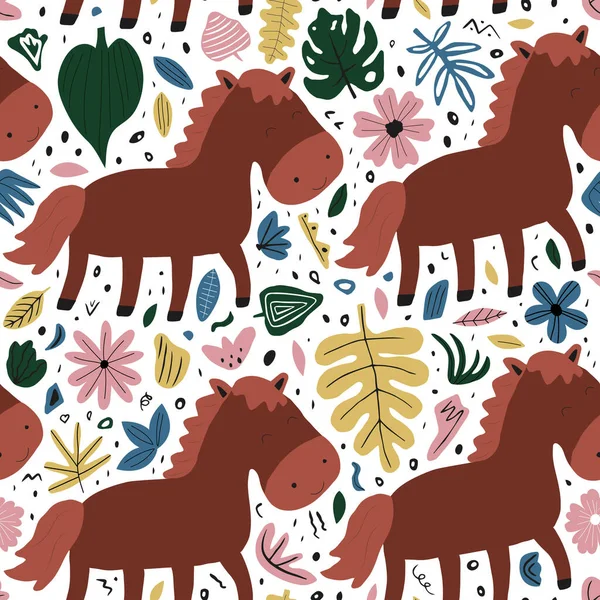 Vektor Nahtlose Muster Mit Niedlichen Handgezeichneten Pferd Blumen Und Blättern — Stockvektor