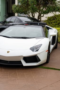 El değmemiş beyaz bir Lamborghini Aventador Roadster. Bir garaj yoluna park etmiş, arkasında siyah bir araba tarafından kısmen gizlenmiş..