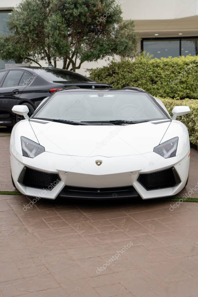 Front view of a white Lamborghini Aventador Roadster parked outdoors. Sleek, luxury sports car.