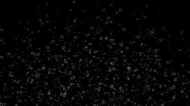 Büyüleyici 4k beyaz baloncuk parçacıkları siyah bir zeminde parıldıyor ve yüzüyorlar.