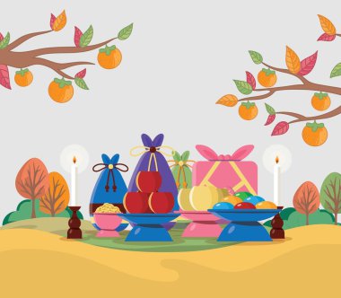 Geleneksel Kore Fenerleri ve Ay Festivali Vektör Tasarımı