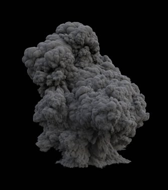 Siyah arka planda yoğun siyah duman bulutu, sinematik görsel efektler, kompozitasyon ve patlama sahnesi geliştirme için tasarlanmıştır..