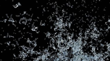 Enerji, hareket ve tazelikle ilgili dramatik tasarım, reklam ve editoryal projeler için uygun siyah bir zeminde asılı duran damlacıklarla su sıçraması.
