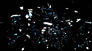 Siyah arkaplanda cyan ve beyaz yansımaları olan cam parçaları, dinamik dağılımı ve güçlü etki detaylarını gösteriyor, VFX ve dizayn örtüleri için mükemmel.