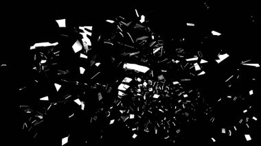 Siyah arkaplanda tek renkli cam parçaları, dinamik dağılım ve yüksek kontrastlı yansımalar, VFX ve hareket grafikleri için ideal.