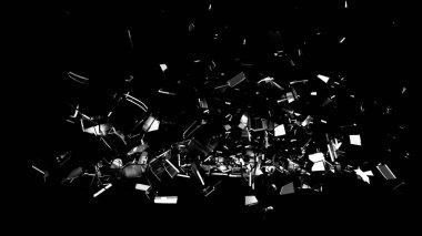 VFX için siyah arkaplana saçılmış beyaz yansımalı tek renkli cam parçaları, örtüler ve birleştirme.