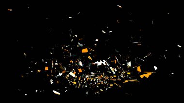 VFX, kaplamalar ve birleşik kullanım için siyah arkaplana saçılmış turuncu ve beyaz yansımalı cam parçaları.