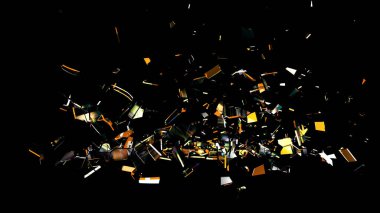 Turuncu ve sarı yansımalı cam kırıkları VFX için siyah arkaplana saçılmış..