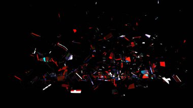 VFX, kaplamalar ve tasarım kullanımı için siyah arkaplan üzerinde güçlü kırmızı ve beyaz yansımaları olan cam parçaları.