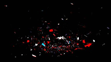 VFX için siyah arkaplana dağılmış kırmızı, beyaz ve cyan yansımalı cam kırıkları, örtüler ve birleştirme kullanımı.