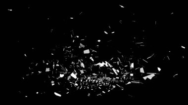 VFX için siyah arkaplana saçılmış beyaz ve gri yansımalı monokrom cam parçaları, örtüler ve birleştirme kullanımı.