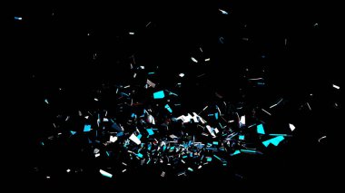 Cam kırıkları siyah zemin üzerinde siyanür ve beyaz gölgelerle dağılmış, VFX için güçlü etki ve hareket, bileşim ve dizayn.