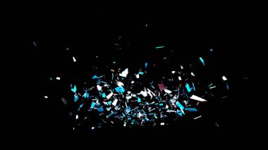 Parçalanmış cam parçaları, mavi ve beyaz yansımalar, VFX için siyah arkaplan üzerine dinamik bir şekilde dağılmış, örtüler ve birleştirme.