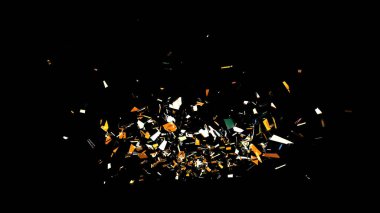 Turuncu ve beyaz yansımalı parçalanmış cam parçaları VFX için siyah arkaplan üzerine dinamik bir şekilde dağılmış, örtüler ve birleştirme.
