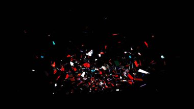 Kırık cam parçaları, kırmızı, beyaz ve siyanür yansımaları VFX için siyah arkaplan üzerine dinamik olarak dağılmış, örtüler ve bileşik.