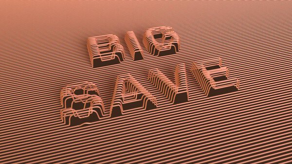 Современный дизайн 3D типографики, демонстрирующий "Big Save" с многослойными контурными линиями, символизирующий финансовые скидки, экономию средств, продвижение в розницу и экономические сделки в жирном визуальном стиле.