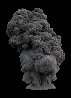 Yoğun koyu duman bulutu yukarı doğru yükseliyor, mantar şeklinde bir bulut oluşturuyor, ayrıntılı hacim dokusuna sahip siyah bir zemin üzerinde izole edilmiş..