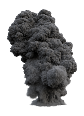 Yoğun koyu duman bulutu yukarı doğru yükseliyor, mantar şeklinde bir bulut oluşturuyor, şeffaf bir arkaplanda, detaylı hacim dokusuyla izole edilmiş..