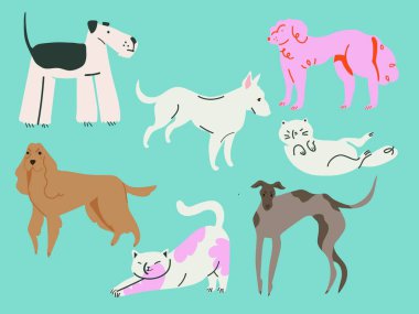 Şirin köpekler ve kediler vektör seti çiziyor. Çizgi film köpekleri ve kedi karakterleri farklı pozlarda düz renkli dizayn koleksiyonu. Karton tasarım. Tüm ellements izole edilmiştir. 