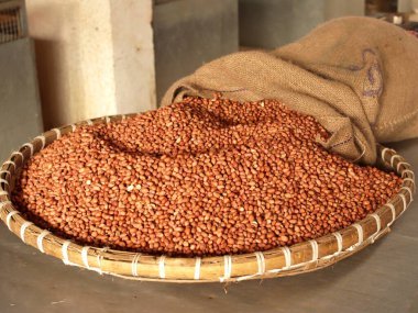 Çuvaldan dökülen fındıklar. İşlenmeye ve pazarlanmaya hazır soyulmuş fıstıkların yakın plan fotoğrafı. Çatlakların arka planı.