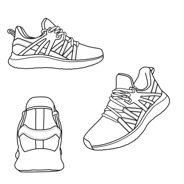 Şablon vektör spor ayakkabısı. Taslak çizim çizimi, ön, arka ve yan görünüm. Beyaz arkaplan ile izole edilmiş.