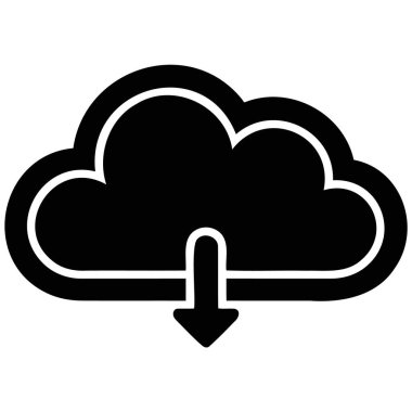 Aşağıya doğru ok atan siyah beyaz bir bulut internetten veri indirmeyi simgeler. Bu basit simge bulut depolama ve dijital bağlantı hizmetlerini temsil eder.