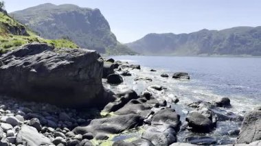 Rocky coast of the Norwegian sea among the mountains