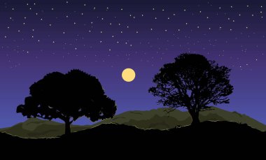 Trees silhouette on hill in the night. Moon and stars. Vector design illustration.