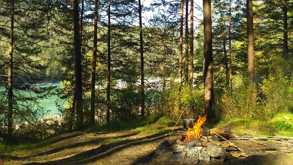 Горшок на штативе над огнем среди деревьев на берегу горной реки. Altai, Siberia, Russia . Стоковая Картинка