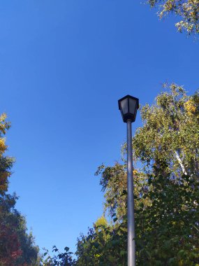 Yeşil ağaçların ve mavi gökyüzünün arka planında sokak lambası.