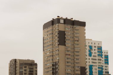 Gri gökyüzüne karşı üç gökdelenli apartman.