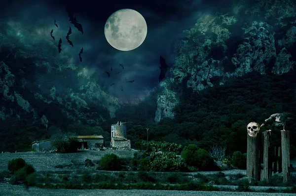 Halloween house with Moon and bats. Sinister scene by night, with dark scary horror atmosphere.  Photo manipulation.