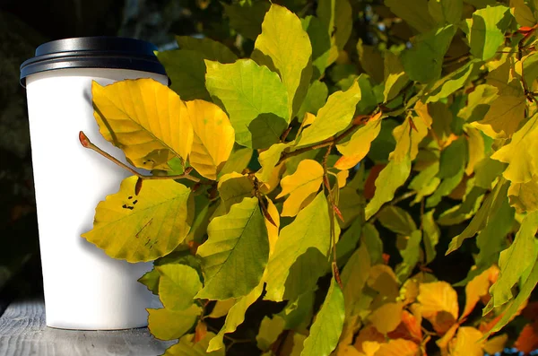 Tasse Papier Avec Café Est Debout Sur Table Bois Auberge — Photo