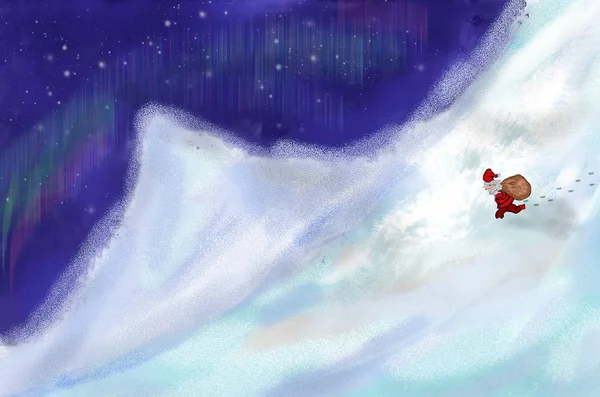 Santa Claus Háttérben Hegyek Mikulás Ajándék Táska Jön Illusztráció Santa — Stock Fotó