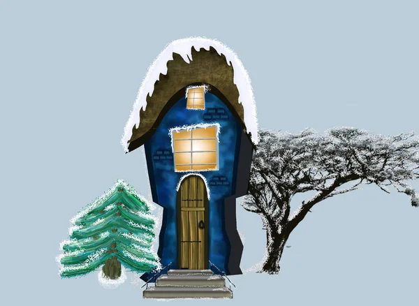 冬は雪に覆われたれんが造りの家 青色の背景に分離した冬には 小さな家のイラスト — ストック写真
