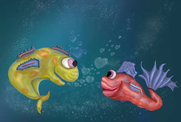 Funny happy fish with bubble hearts for Valentine\'s Day. Funny exotic fish in love. Fish in water makes bubble heart. Romantic feeling concept