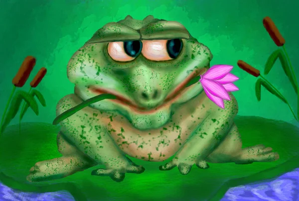 Frog on a water lily leaf waiting for love. Green frog sits on a water lily and holds a flower in the mouth