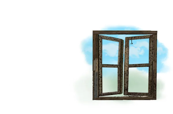 Wooden double window opened isolated