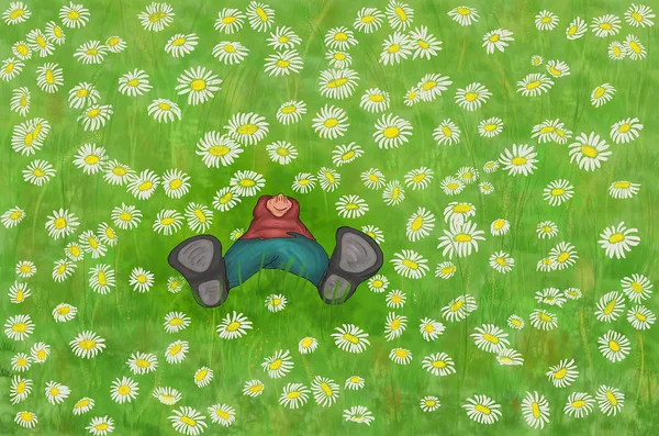 Happy boy enjoying daisy field. Nice boy lying down in meadow of flowers, relaxing outdoor — Stock Photo, Image