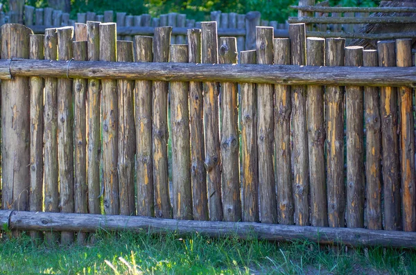 Cerca de madera vieja en el jardín con la planta al aire libre en el día de verano —  Fotos de Stock